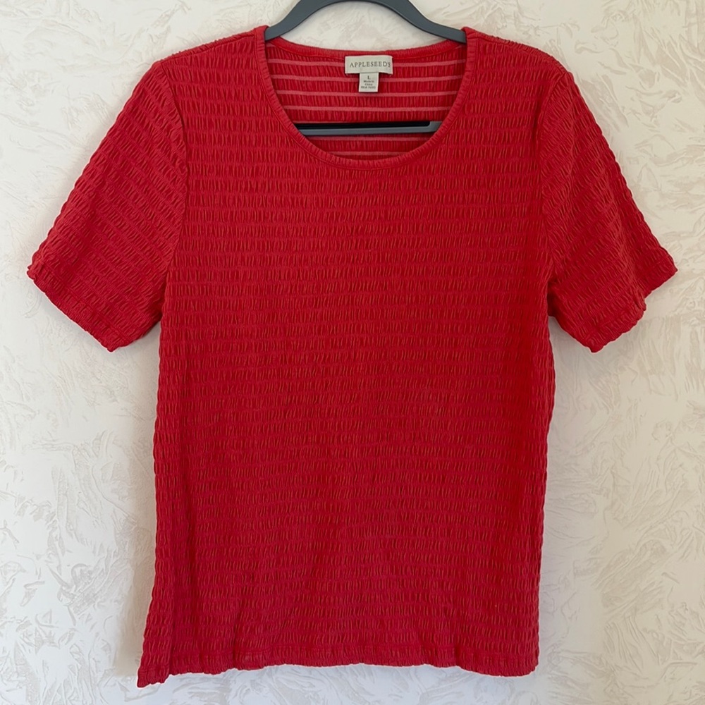 Appleseed's Red Orange Ruched Crewneck Tee Shirt Size L